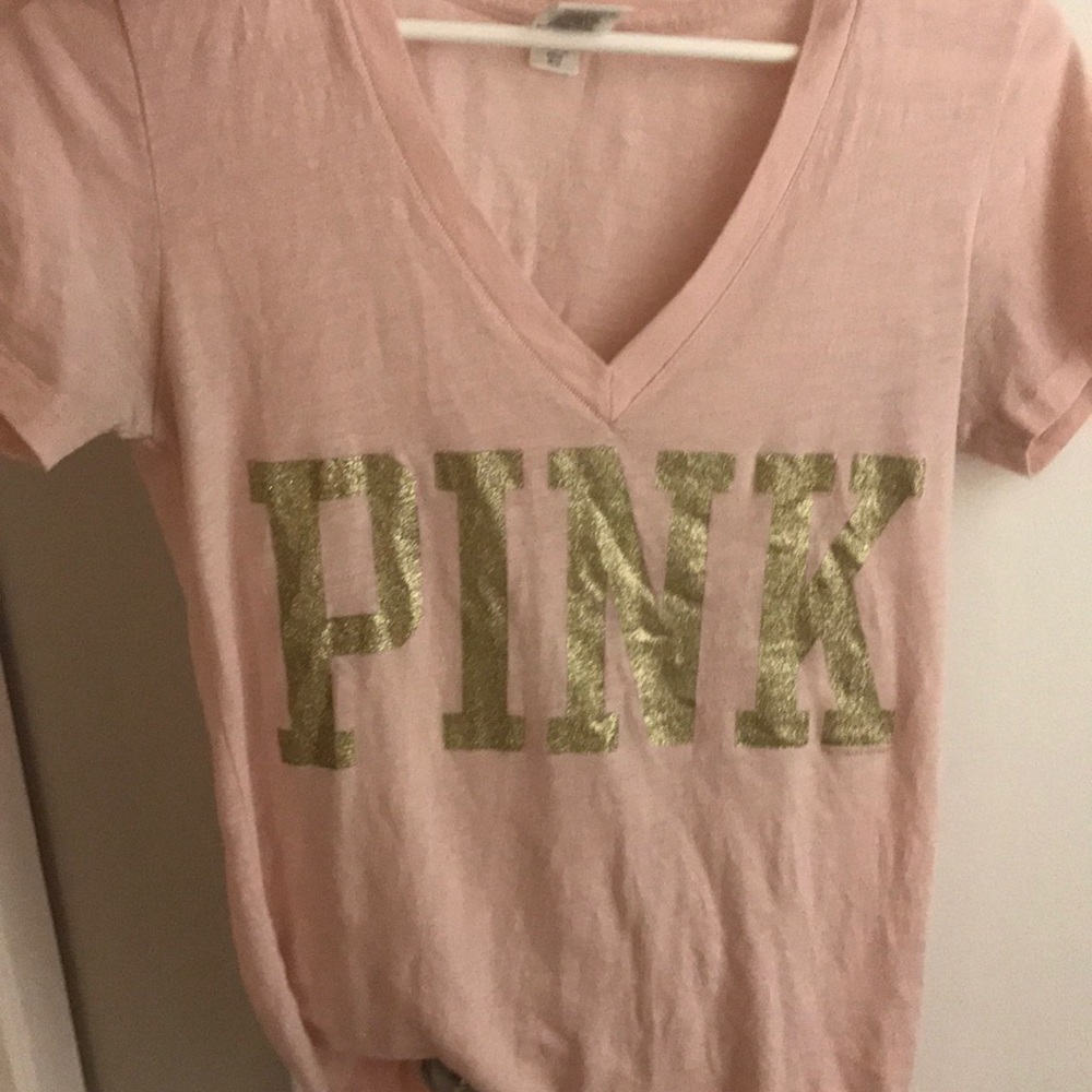 Vs pink t shirt with gold lettering